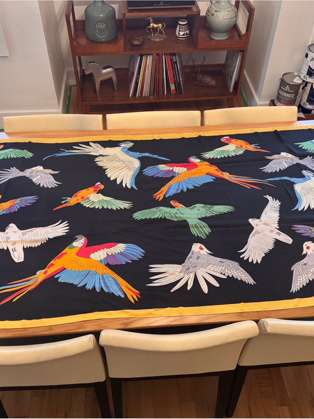 Black or Dark Navy Scarf with Multicolor Parrot Print and Yellow Border